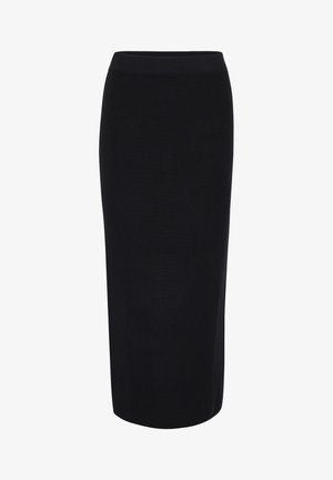 Zwarte geribde midi-rok met een getailleerde silhouet, voorzien van een naadloze tailleband en een licht uitlopende zoom voor gemak van beweging.