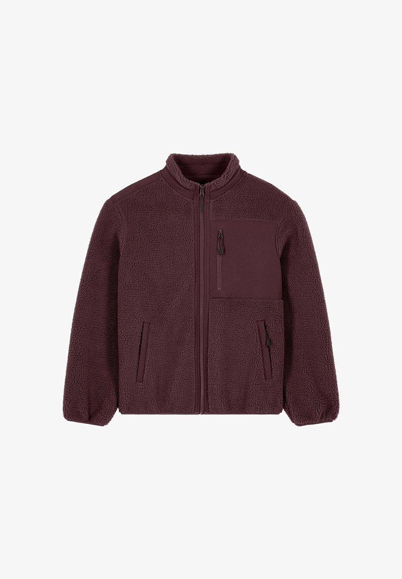 Veste polaire bordeaux foncé avec fermeture éclair intégrale à l'avant, deux poches latérales zippées et une poche poitrine zippée, dotée d'un col montant et d'un tissu texturé.