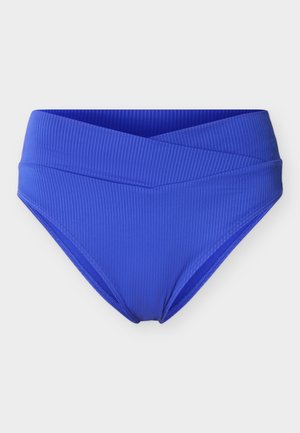 Kék, bordázott, magas derekú bikini alsó V-alakú, átlapolt derékpánt részlettel.