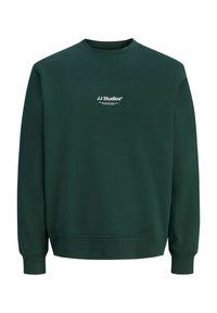 Sweat-shirt vert foncé à col rond en coton doux ; présente un petit logo blanc sur la poitrine ainsi que des poignets et un ourlet côtelés.