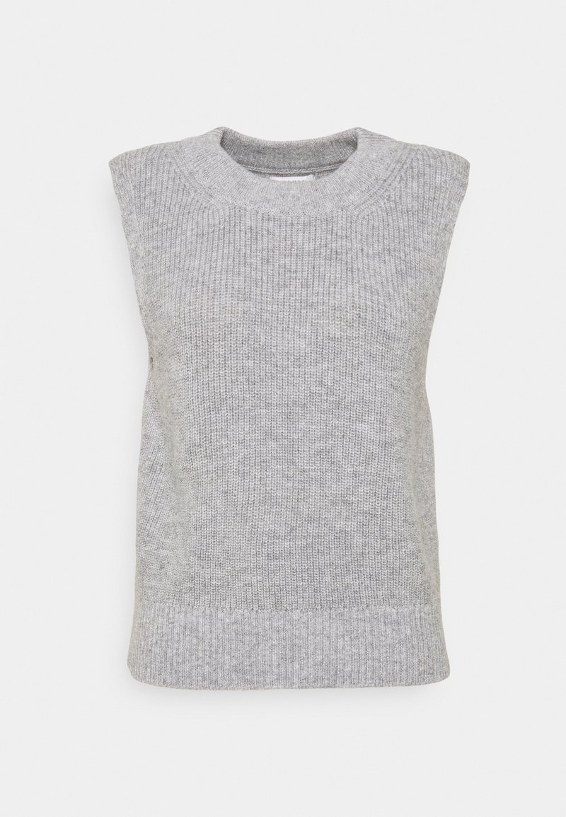 Gilet en maille sans manches gris clair avec encolure ronde et bord-côtes, présenté sur un fond clair uni.