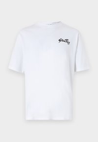 White cotton t-shirt with a round neckline and short sleeves, featuring a black logo on the left chest area. Smooth texture, standard fit.