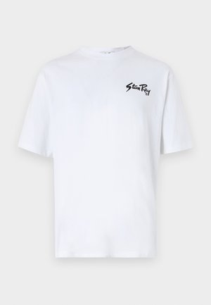 White cotton t-shirt with a round neckline and short sleeves, featuring a black logo on the left chest area. Smooth texture, standard fit.
