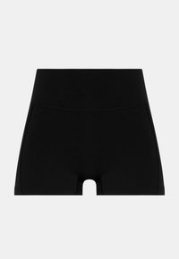 Shorts de sport noirs taille haute avec coutures plates et longueur mi-cuisse, conçus pour le confort et la flexibilité.