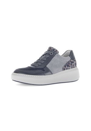 Sneakers met een combinatie van donkerblauw leer en grijs suede, met luipaardprintaccenten op de hiel en een dikke witte zool.