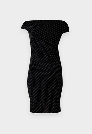 Melnas kleitas bez plecu siksnām ar vertikālām sudraba svītrām; pieguļošs dizains, gluda tekstūra un ceļgala garuma apmale.