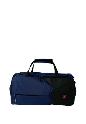 Navy blue duffle bag with black accents, featuring a zippered main compartment, two top handles, and a small logo patch on the side.