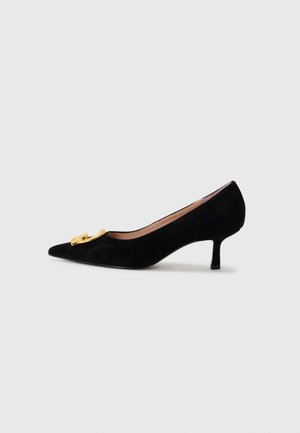 Zwarte suède pump met een spitse neus, een kleine hak en een gouden hardware versiering aan de voorkant. Gladde textuur en slank ontwerp.