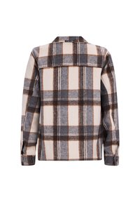 Karierte Flanellbluse in Creme, Grau und Braun. Mit Kragen, knöpfbaren Manschetten und einem geraden Rücken mit sichtbaren Nähten.