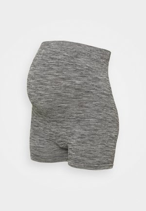 Gray knitted maternity shorts with a textured finish, featuring a high-waisted design and a smooth, stretchy fabric for comfort.