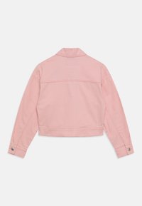Giacca di jeans rosa chiaro con colletto, maniche lunghe e polsini con bottoni. Presenta una cucitura a yoke sul retro e una lunghezza cropped.