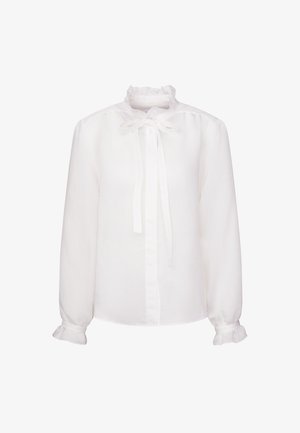 Weiße Bluse mit langen Ärmeln, Rüschensaum an Kragen und Manschetten, dezenten vertikalen Streifen, vorderem Knopfverschluss und gebundenem Bogen am Ausschnitt.