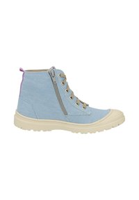 Light blue fabric high-top shoe with a textured finish, cream rubber sole, front laces, and side zipper. Accented with a purple pull tab.