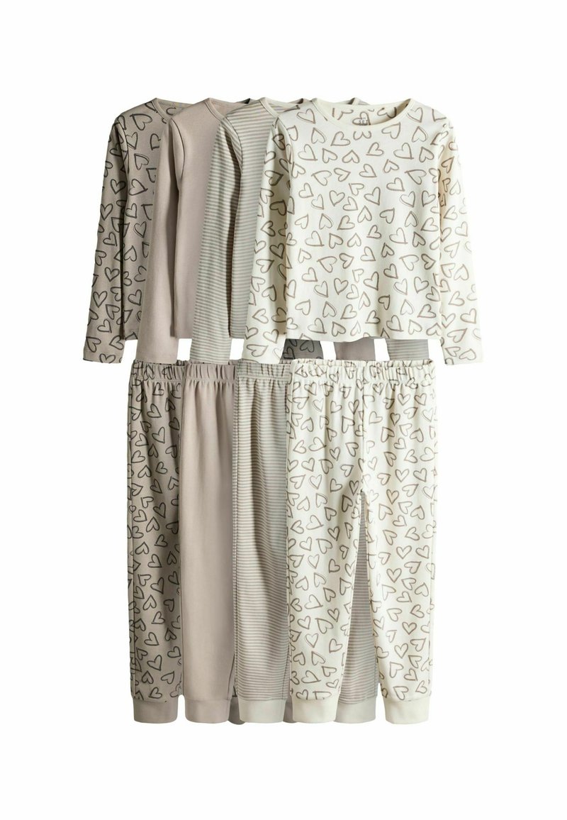 Set aus vier Langarmoberteilen und drei Hosen in sanftem Beige und Creme. Mit Herzmustern, gestreiftem Design und elastischen Taillengummis.