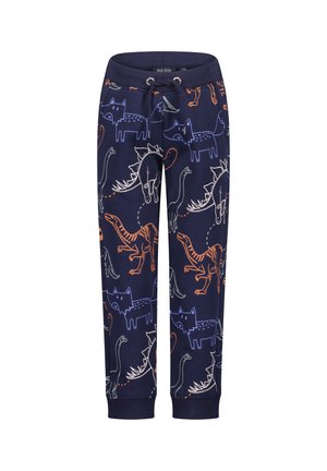 Mørkeblå børnesweatpants med snøre i taljen og farverige tegneserie dinosaur- og rævemønstre over det hele.