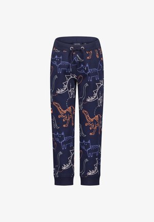 Mørkeblå børnesweatpants med snøre i taljen og farverige tegneserie dinosaur- og rævemønstre over det hele.