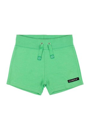 Groene katoenen shorts met een rekbare tailleband, trekkoord en een zwart logo label aan de onderzijde rechts.