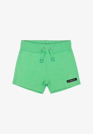 Grønne bomuldsshorts med en strækbar talje, snore til at binde, og et sort logo-mærke på nederste højre side.