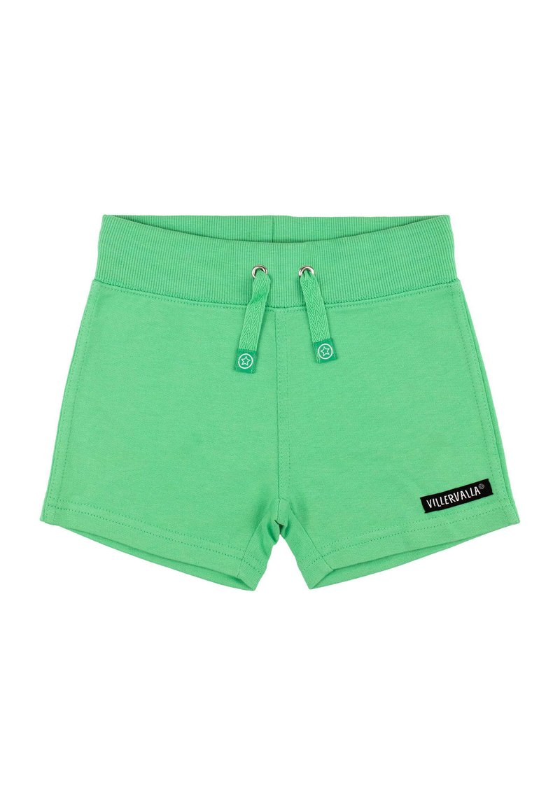 Pantaloni corti verdi in cotone con una cintura elastica, lacci per stringere e un'etichetta nera con logo sul lato destro in basso.