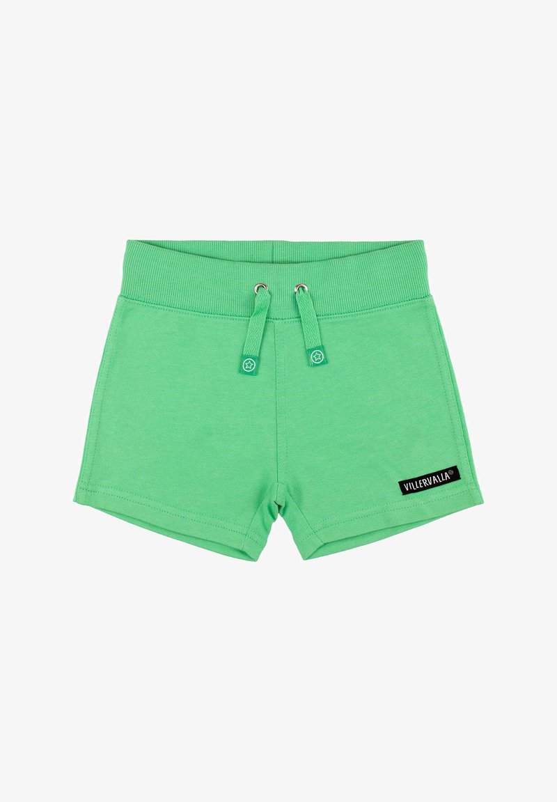 Shorts en coton verts avec une taille élastique, des liens à cordon de serrage et une étiquette logo noire sur le bas droit.