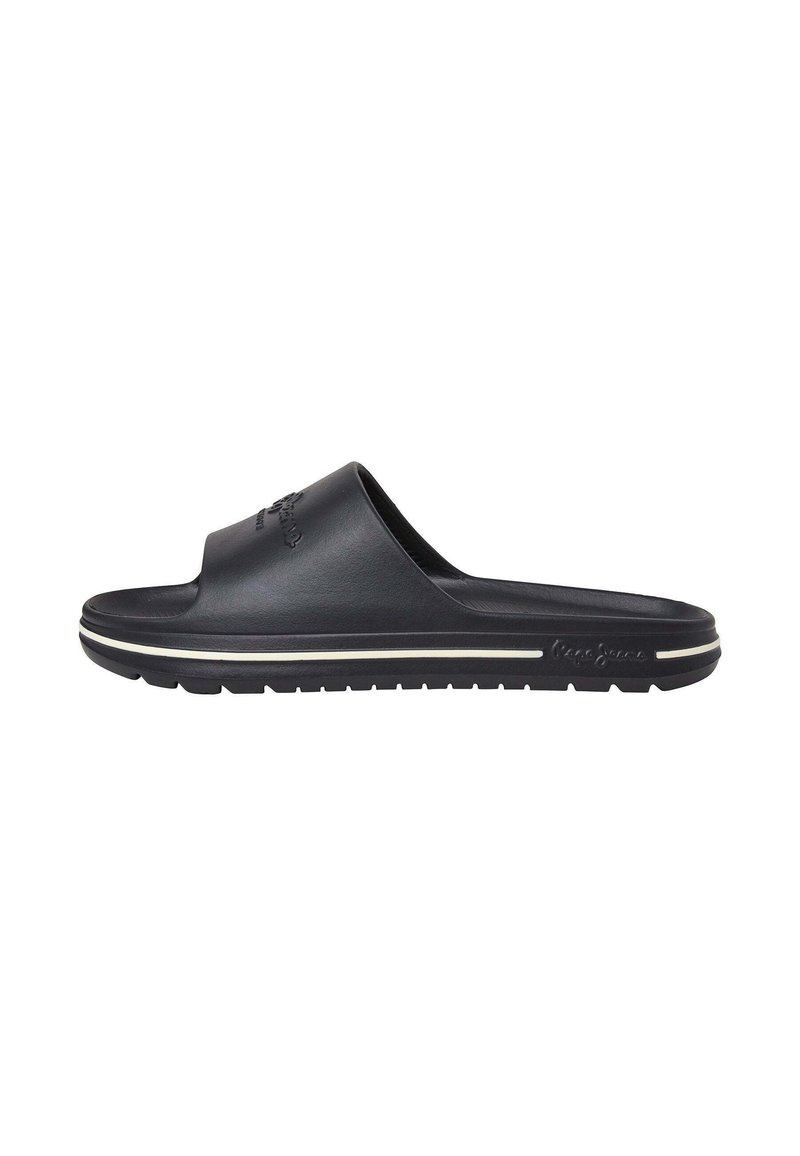 Sandal in gomma nera con una larga apertura frontale, parte superiore testurizzata e una striscia bianca lungo la suola. Realizzato in gomma con una presa durevole.