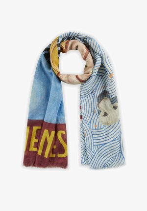 Multicolored scarf featuring a blue and yellow design, with graphic patterns and fringed edges for added texture.