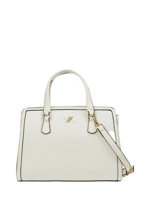 Borsa a mano in pelle bianca con doppi manici e tracolla removibile, con logo dorato e dettagli in metallo.