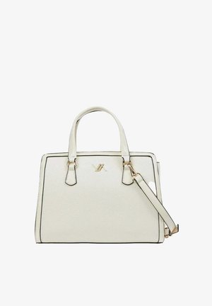 Weiße Ledertasche mit doppelten Griffen und abnehmbarem Schulterriemen, mit goldfarbenem Logo und Hardware-Akzenten.