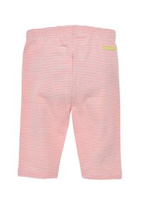 Leggings a righe rosa e bianche realizzati in morbido tessuto, con una cintura elastica e una piccola etichetta verde sul retro.