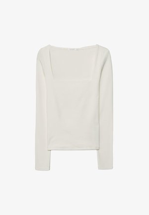 Maglietta a maniche lunghe in morbido tessuto bianco con scollatura quadrata e design aderente, caratterizzata da una texture liscia e uno stile minimalista.