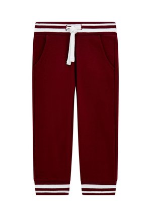 Burgunderfarbene Sweatpants mit weißem Kordelzug, zwei Seitentaschen und gerippten weißen und burgunderfarbenen Bündchen. Weicher Stoff mit lockerer Passform.