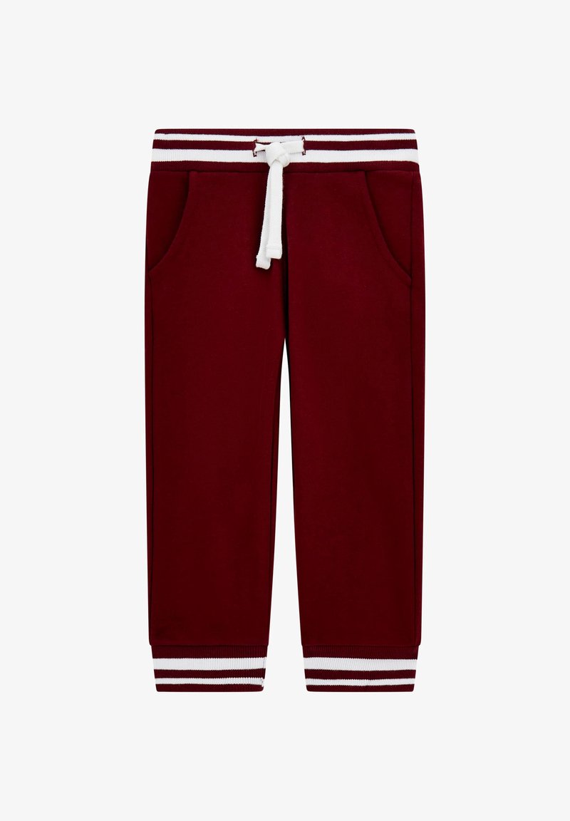 Burgundy träningsoffor med vit dragsko, två sidofickor och ribbade vita och burgundy mudd. Mjuk tygkvalitet med avslappnad passform.