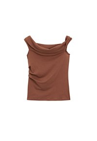 Top marrone senza maniche con scollatura a cappuccio, caratterizzato da morbide drappeggi e una texture liscia. Forma classica e aderente con un design moderno.