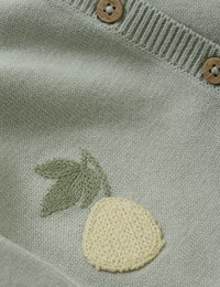 Stickad tröja i mjuk grön, med en strukturerad broderad gul päron och grön blad. Inkluderar träknappar längs halsringningen.