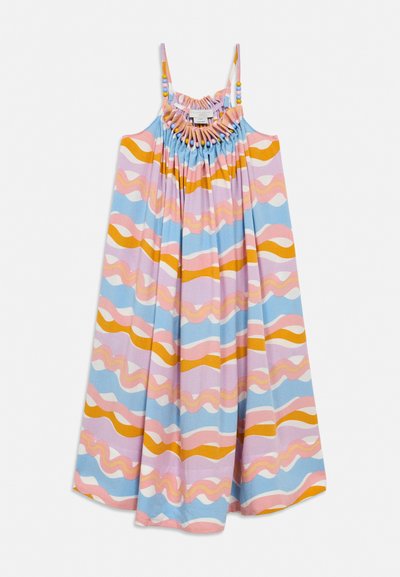 Φόρεμα χωρίς μανίκια με ροζ, μπλε, πορτοκαλί και λευκές κυματιστές ρίγες, σούρα στο λαιμό με λεπτομέρειες από χάντρες και λεπτές τιράντες.