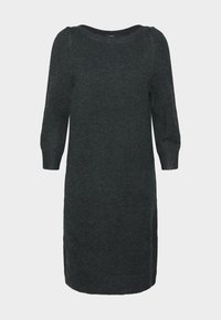 Abito in maglia grigio scuro con maniche a tre quarti, scollatura rotonda e spacchi laterali. Tessuto morbido, design di lunghezza media e delicato luccichio.