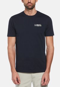 Navy blue cotton t-shirt with crew neckline and short sleeves. Features a white "Original Penguin" logo on the left chest.