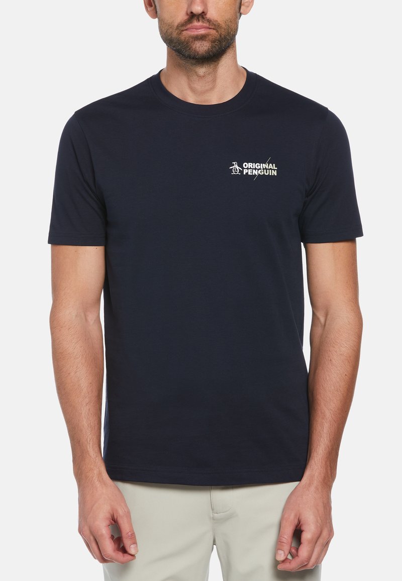 Navy blue cotton t-shirt with crew neckline and short sleeves. Features a white "Original Penguin" logo on the left chest.