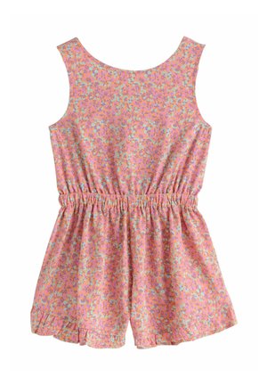 Salopetă roz fără mâneci, cu imprimeu mic floral albastru și violet, talie elastică și volane la tivul pantalonașilor.