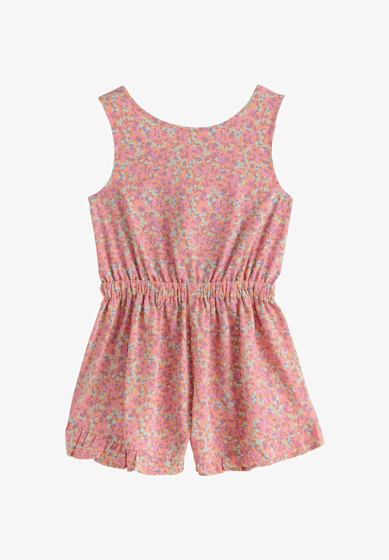 Mouwloze roze romper met kleine blauwe en paarse bloemenprint, elastische taille en gerimpelde zoom aan de shorts.