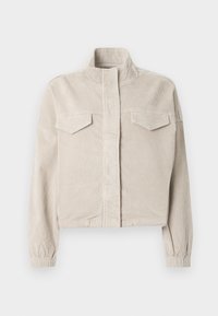 Veste courte en velours côtelé beige avec col montant, poignets élastiques et deux poches poitrine. Présente une texture côtelée verticale et une fermeture éclair à l'avant.
