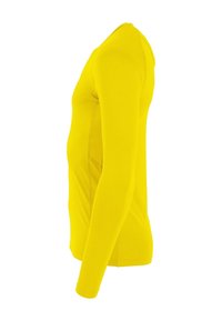 Camisa de manga larga en amarillo brillante, hecha de tela elástica. Diseño ajustado con cuello redondo y textura suave. Construcción simple.