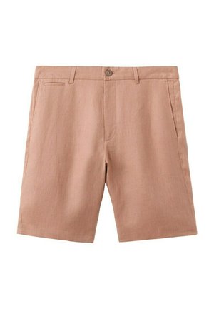 Beżowe szorty do kolan z pętlami na pasek, z przodu na guzik, zapięcie na zamek, dwie boczne kieszenie oraz jedna mała kieszeń po prawej stronie z przodu.