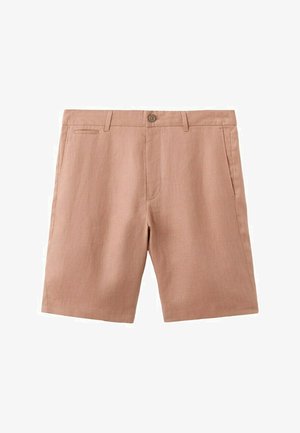 Beige knielange shorts met lussen voor een riem, een knoop aan de voorkant, ritssluiting, twee zijzakken en een klein voorvak aan de rechterkant.
