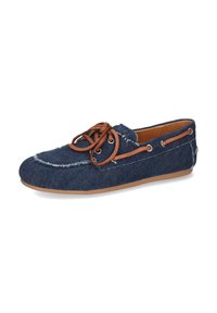 Denim båt-skor med bruna snörningar, sömnadsdetaljer och en tan gummisula. Har metallöglor och en rundad tådesign.