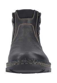 Schwarze Leder-Ankle-Boots mit strukturierten Oberflächen, kontrastierenden Nähten, abgerundeter Zehenpartie und seitlichem Reißverschluss für ein einfaches Anziehen.