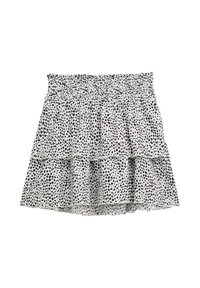 Zwart-witte gelaagde rok met een smock tailleband en een stippenpatroon op lichtgewicht stof. Korte en uitlopende snit.