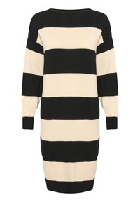 Robe pull rayée noire et beige avec une coupe décontractée, un large col et de longues manches avec des poignets en côtes. Texture en tricot douce.