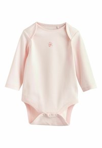 Langærmet lyserød body lavet af blød bomuld, med et lille blomsterbroderi på brystet og trykknapper i bunden.