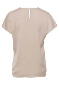 Top beige a maniche corte con apertura a chiave sul retro. Tessuto morbido, vestibilità ampia e orlo curvo. Design minimalista.